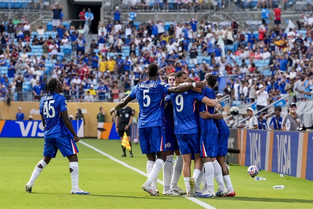 Jun 28, 2025; Charlotte, North Carolina, USA; Chelsea FC defender Reece James (24) celebrates scoring their first goal during the second half during a round of 16 match of the 2025 FIFA Club World Cup at Bank of America Stadium. Mandatory Credit: Jim Dedmon-Imagn Images