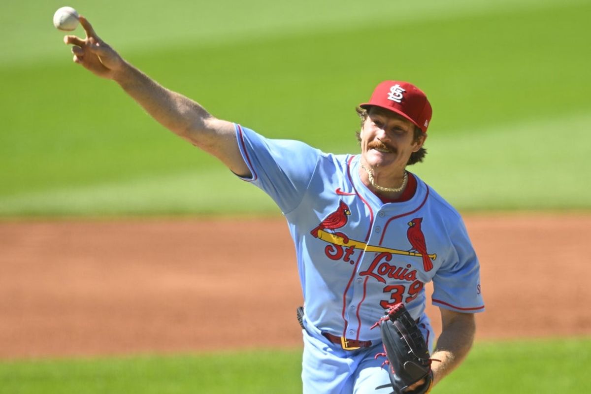 Jun 28, 2025; Cleveland, Ohio, USA; St. Louis Cardinals starting pitcher Miles Mikolas (39) delivers a pitch in the first inning against the Cleveland Guardians at Progressive Field. Mandatory Credit: David Richard-Imagn Images