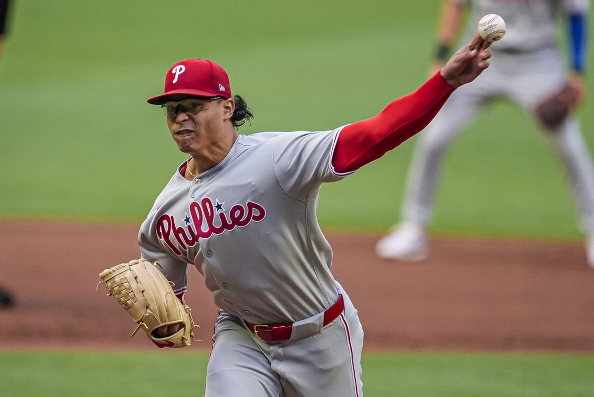 Jun 28, 2025; Cumberland, Georgia, USA; Philadelphia Phillies starting pitcher Jesus Luzardo (44) pitches against the Atlanta Braves during the first inning at Truist Park. Mandatory Credit: Dale Zanine-Imagn Images