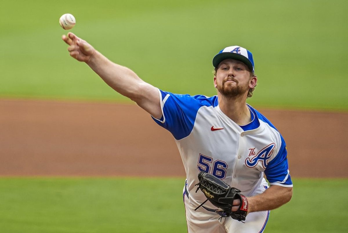 Jun 28, 2025; Cumberland, Georgia, USA; Atlanta Braves starting pitcher Spencer Schwellenbach (56) pitches against the Philadelphia Phillies during the first inning at Truist Park. Mandatory Credit: Dale Zanine-Imagn Images