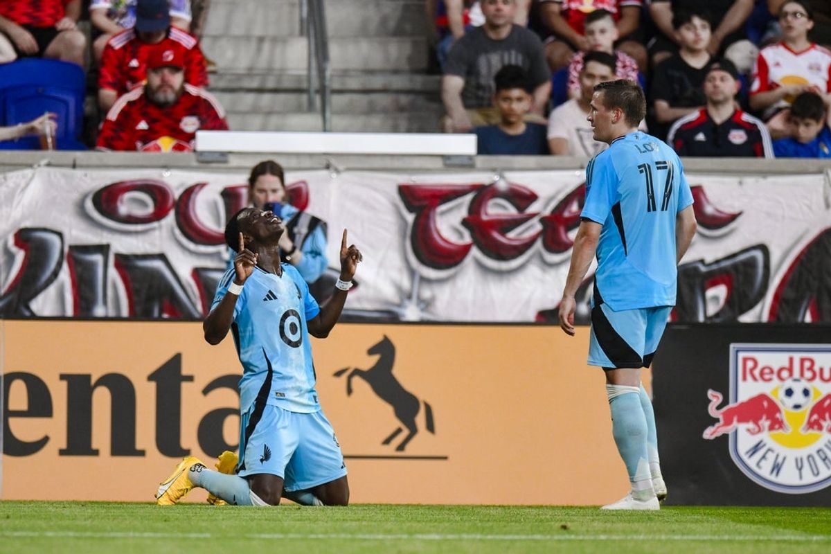 Jun 28, 2025; Harrison, New Jersey, USA; Minnesota United forward Kelvin Yeboah (9) reacts after scoring a goal against the New York Red Bulls during the first half at Sports Illustrated Stadium. Mandatory Credit: John Jones-Imagn Images
