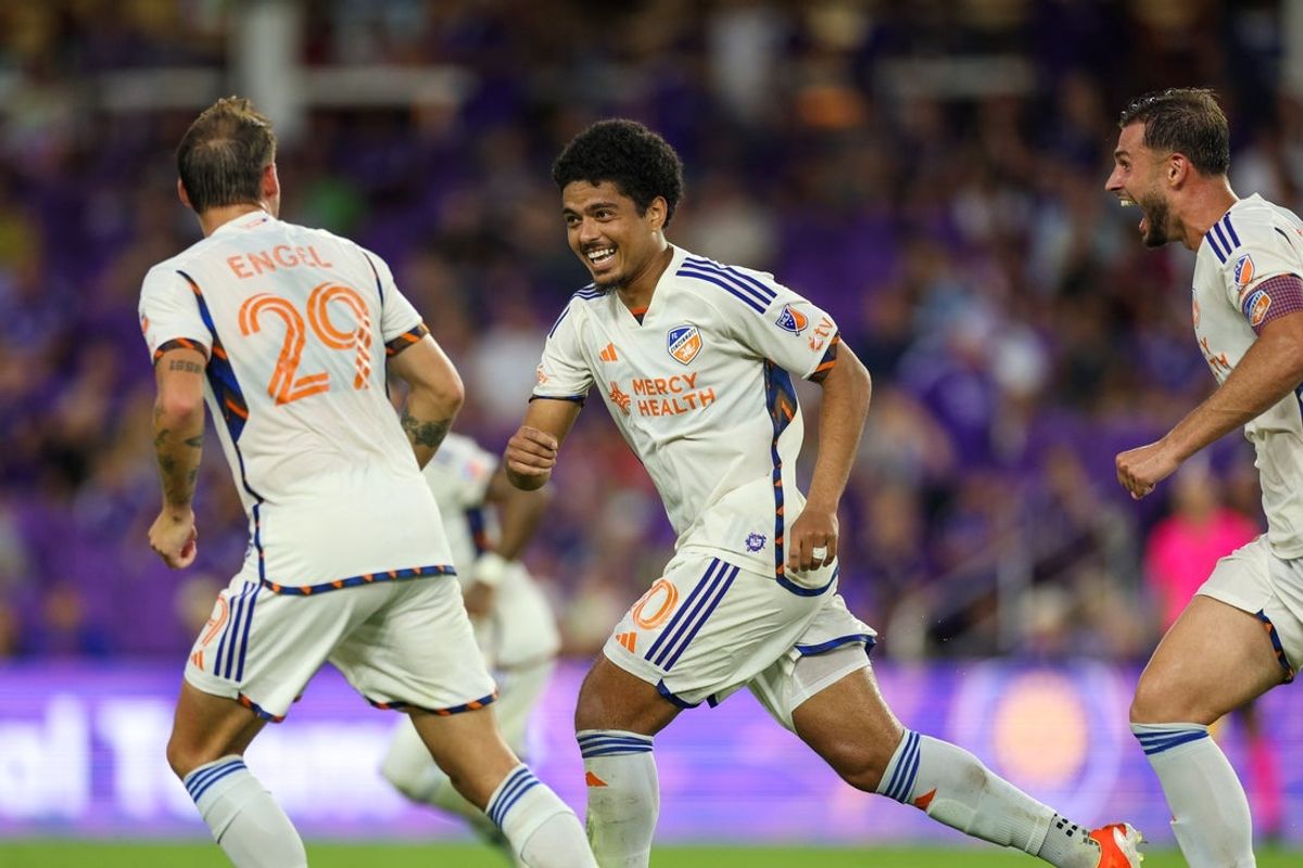 Jun 28, 2025; Orlando, Florida, USA; FC Cincinnati midfielder Evander (10) reacts after scoring a goal against Orlando City in the first half at Inter&Co Stadium. Mandatory Credit: Nathan Ray Seebeck-Imagn Images