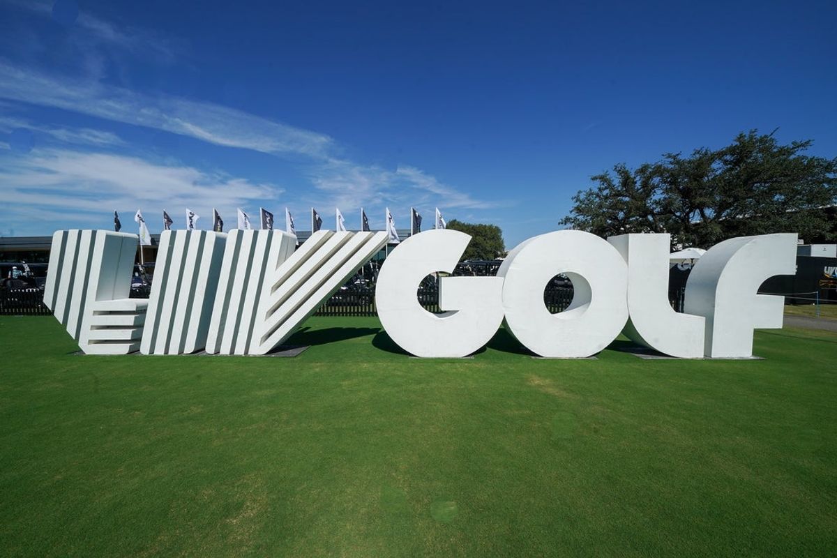 Jun 28, 2025; Carrollton, Texas, USA; The LIV Golf logo near the first tee during the second round of the LIV Golf Dallas golf tournament at Maridoe Golf Club. Mandatory Credit: Raymond Carlin III-Imagn Images