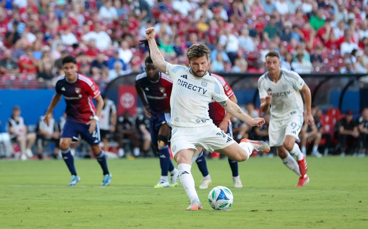 Jun 28, 2025; Frisco, Texas, USA;  San Diego FC midfielder Anders Dreyer (10) scores a penalty kick goal during the first half against  FC Dallas at Toyota Stadium. Mandatory Credit: Kevin Jairaj-Imagn Images