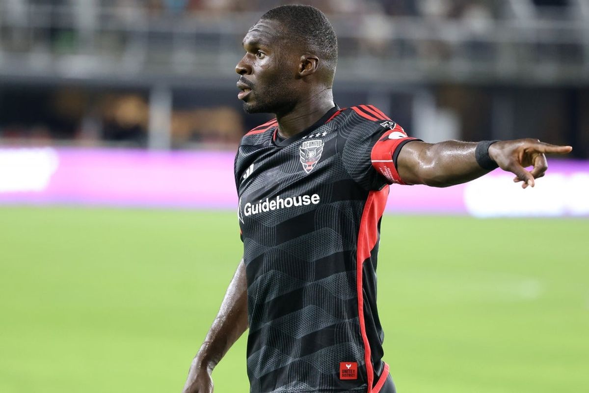 Jun 28, 2025; Washington, District of Columbia, USA; D.C. United forward Christian Benteke (20) looks on during the second half against the Nashville SC at Audi Field. Mandatory Credit: Daniel Kucin Jr.-Imagn Images