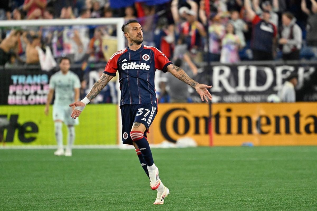 Jun 28, 2025; Foxborough, Massachusetts, USA; New England Revolution forward Maximiliano Urruti (37) reacts to scoring the game tying goal against the Colorado Rapids in extra time during the second half at Gillette Stadium. Mandatory Credit: Eric Canha-Imagn Images