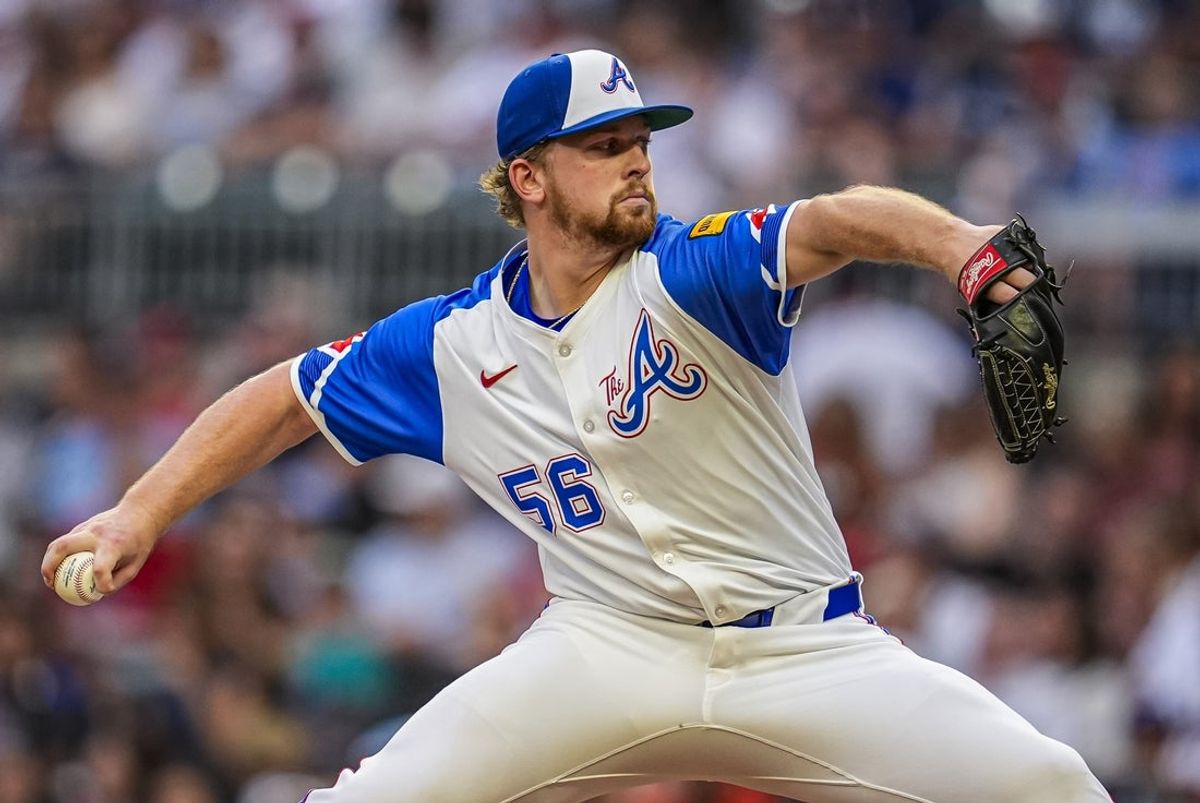 Jun 28, 2025; Cumberland, Georgia, USA; Atlanta Braves starting pitcher Spencer Schwellenbach (56) pitches against the Philadelphia Phillies during the second inning at Truist Park. Mandatory Credit: Dale Zanine-Imagn Images