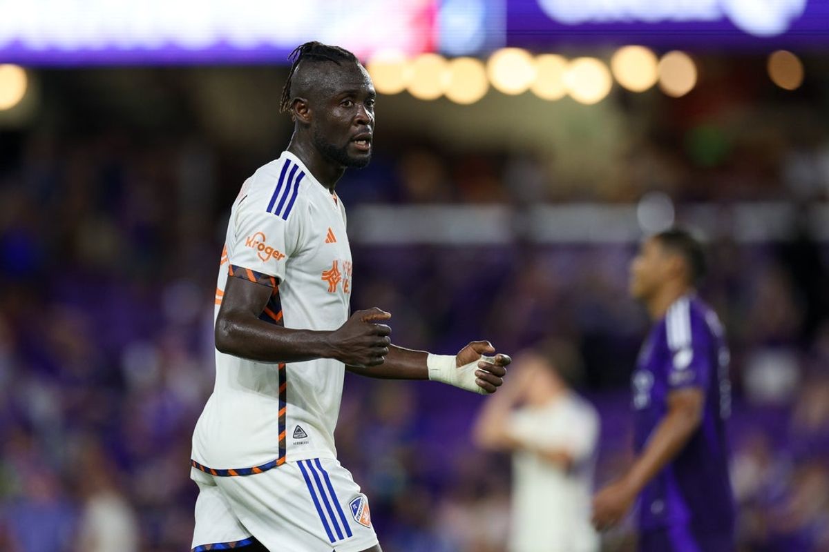 Jun 28, 2025; Orlando, Florida, USA; FC Cincinnati forward Kei Kamara (85) reacts after beating Orlando City at Inter&Co Stadium. Mandatory Credit: Nathan Ray Seebeck-Imagn Images
