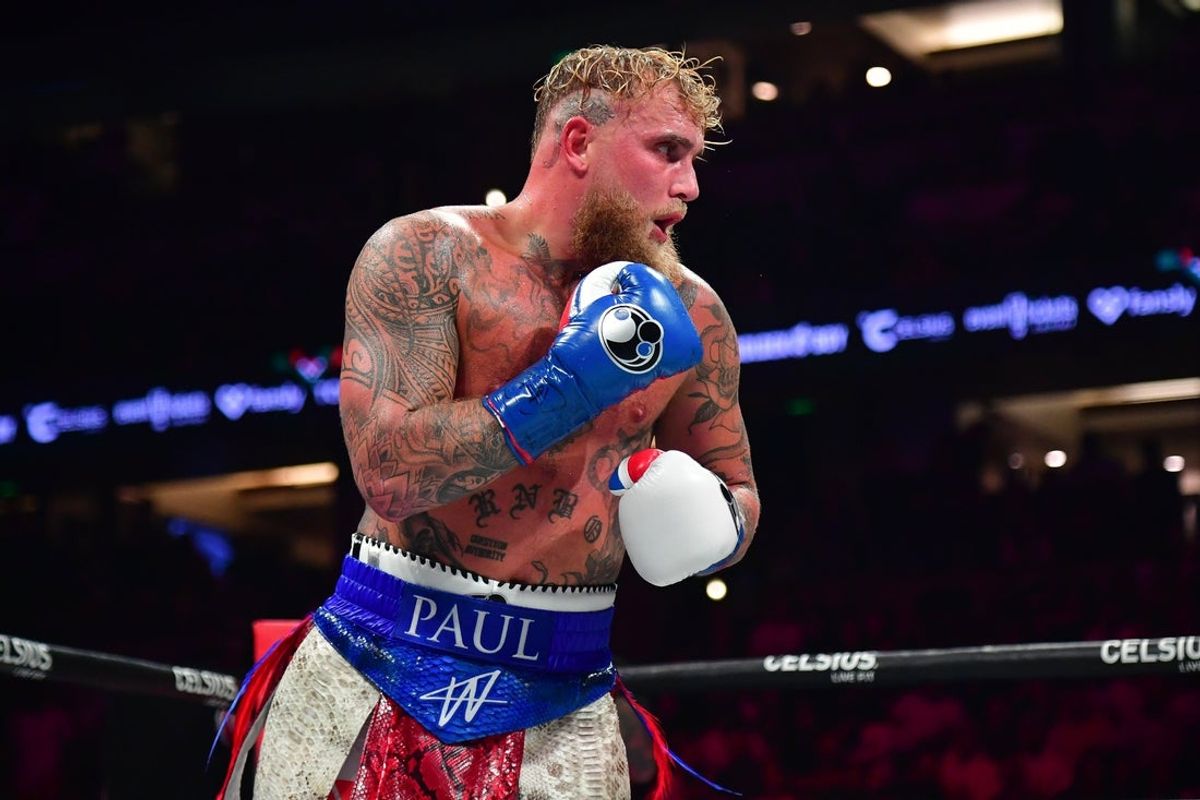 Jun 28, 2025; Anaheim, California, USA;  Jake Paul fights against Julio Cesar Chavez Jr. at Honda Center. Mandatory Credit: Gary A. Vasquez-Imagn Images