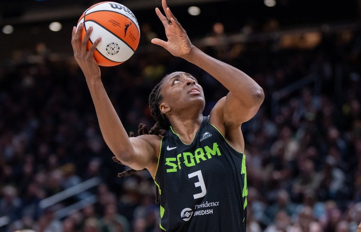 Jun 27, 2025; Seattle, Washington, USA;  Seattle Storm forward Nneka Ogwumike (3) goes up for a shot against the Connecticut Sun at Climate Pledge Arena. Mandatory Credit: Stephen Brashear-Imagn Images