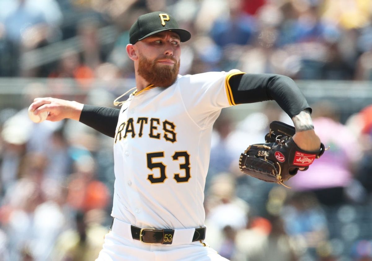 Jun 29, 2025; Pittsburgh, Pennsylvania, USA;  Pittsburgh Pirates starting pitcher Mike Burrows (53) delivers a pitch against the New York Mets during the first inning at PNC Park. Mandatory Credit: Charles LeClaire-Imagn Images