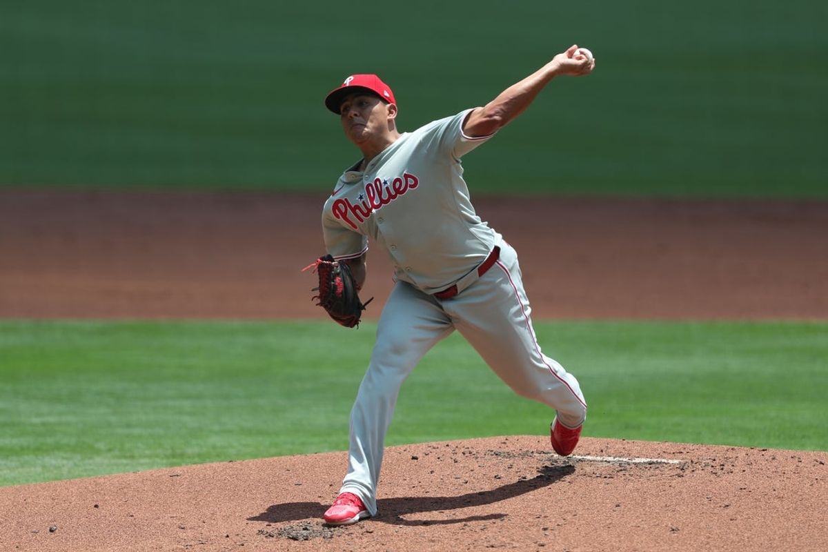 Jun 29, 2025; Cumberland, Georgia, Philadelphia Phillies starting pitcher Ranger Suarez (55) pitches during a game against the Atlanta Braves during the first inning at Truist Park. Mandatory Credit: Mady Mertens-Imagn Images