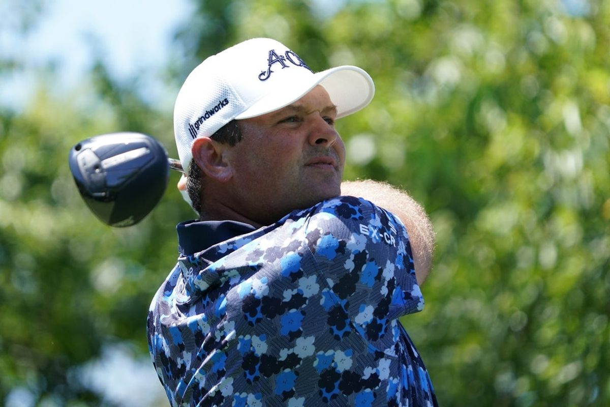 Jun 29, 2025; Carrollton, Texas, USA; Patrick Reed plays his shot from the second tee during the final round of the LIV Golf Dallas golf tournament at Maridoe Golf Club. Mandatory Credit: Raymond Carlin III-Imagn Images
