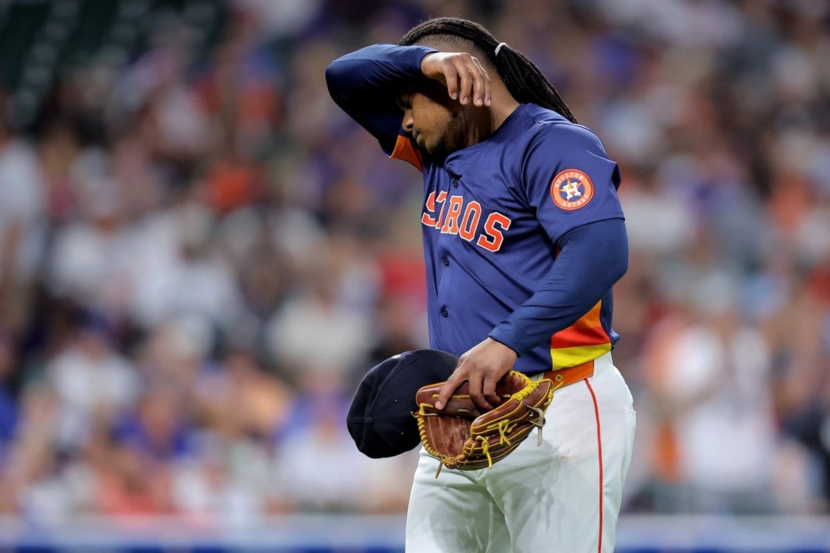 Jun 29, 2025; Houston, Texas, USA; Houston Astros starting pitcher Framber Valdez (59) walks to the dugout after retiring the side against the Chicago Cubs during the first inning at Daikin Park. Mandatory Credit: Erik Williams-Imagn Images