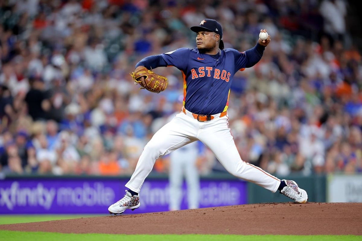 Jun 29, 2025; Houston, Texas, USA; Houston Astros starting pitcher Framber Valdez (59) delivers a pitch against the Chicago Cubs during the first inning at Daikin Park. Mandatory Credit: Erik Williams-Imagn Images