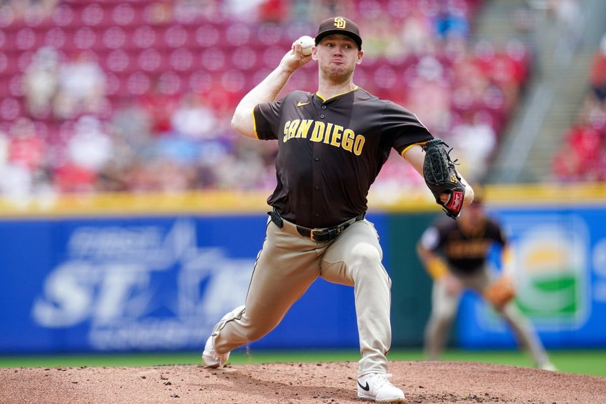 San Diego Padres pitcher Stephen Kolek (32) throws a pitch in the first inning of a MLB game between the Cincinnati Reds and San Diego Padres, Sunday, June 29, 2025, at Great American Ball Park in Downtown Cincinnati.