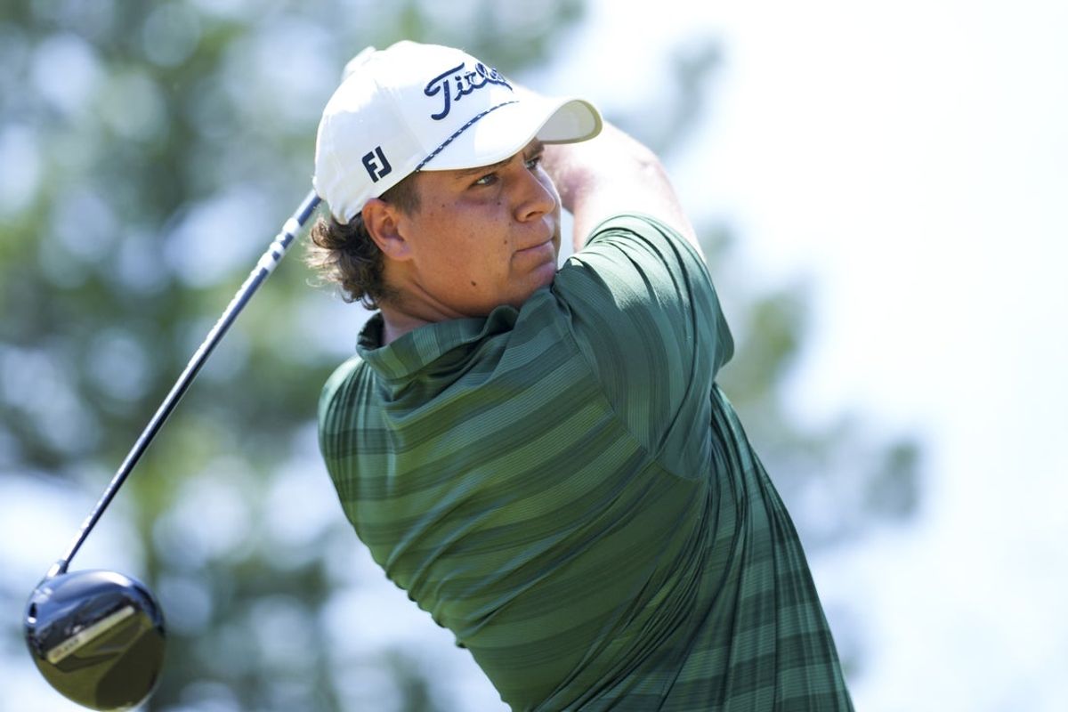 Jun 29, 2025; Detroit, Michigan, USA; Aldrich Potgieter plays his shot from the fourth tee during the final round of the Rocket Mortgage Classic golf tournament. Mandatory Credit: Aaron Doster-Imagn Images