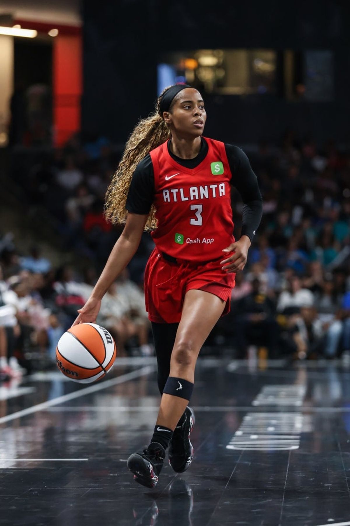 Jun 29, 2025; College Park, Georgia, USA; Atlanta Dream guard Jordin Canada (3) dribbles the ball down the court against the New York Liberty during the first quarter at Gateway Center Arena at College Park. Mandatory Credit: Jordan Godfree-Imagn Images
