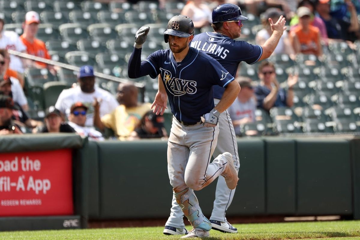 Jun 29, 2025; Baltimore, Maryland, USA; Tampa Bay Rays second baseman Brandon Lowe (8) celebrates after hitting a home run during the ninth inning against the Baltimore Orioles at Oriole Park at Camden Yards. Mandatory Credit: Daniel Kucin Jr.-Imagn Images