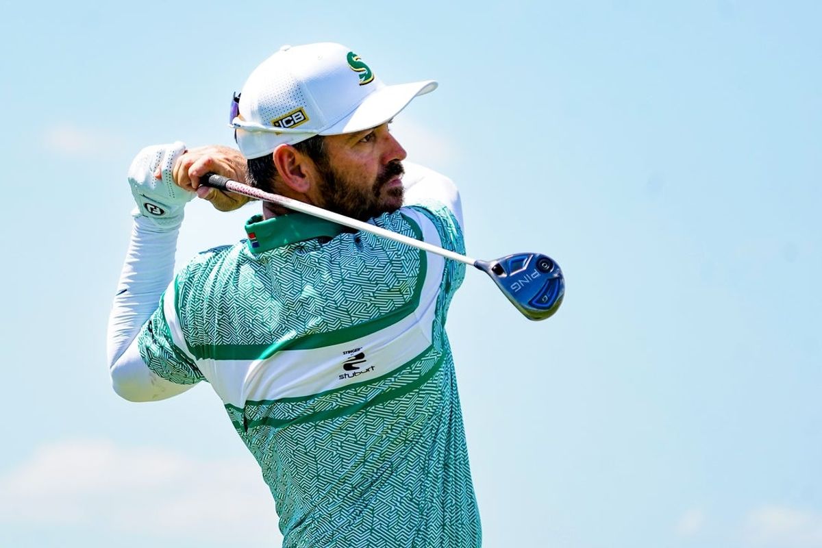 Jun 29, 2025; Carrollton, Texas, USA; Louis Oosthuizen plays his shot from the 16th tee during the final round of the LIV Golf Dallas golf tournament at Maridoe Golf Club. Mandatory Credit: Raymond Carlin III-Imagn Images