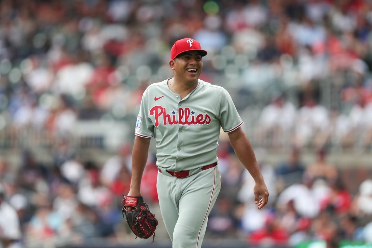 Jun 29, 2025; Cumberland, Georgia, Philadelphia Phillies starting pitcher Ranger Suarez (55) reacts to his strikeout during a game against the Atlanta Braves during the sixth inning at Truist Park. Mandatory Credit: Mady Mertens-Imagn Images