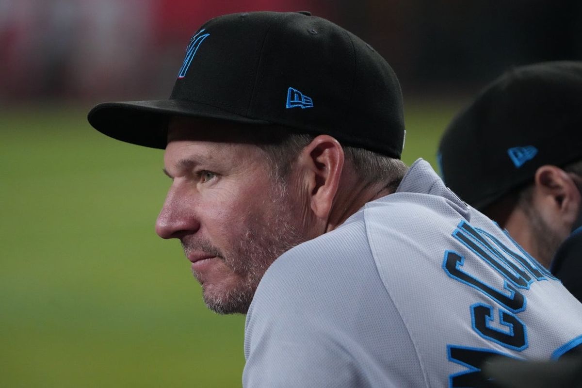 Jun 29, 2025; Phoenix, Arizona, USA; Miami Marlins manager Clayton McCullough (86) looks on against the Arizona Diamondbacks during the fifth inning at Chase Field. Mandatory Credit: Joe Camporeale-Imagn Images