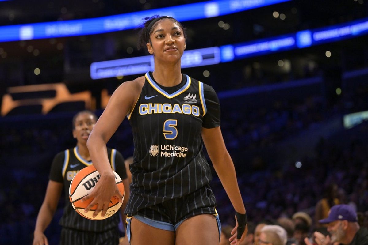 Jun 29, 2025; Los Angeles, California, USA; Chicago Sky forward Angel Reese (5) reacts after being called for a technical foul in the second half against the Los Angeles Sparks at Crypto.com Arena. Mandatory Credit: Jayne Kamin-Oncea-Imagn Images