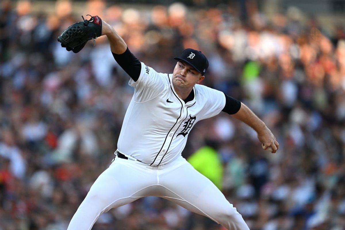 Jun 29, 2025; Detroit, Michigan, USA; Detroit Tigers starting pitcher Tarik Skubal (29) throws a pitch against the Minnesota Twins in the fourth inning at Comerica Park. Mandatory Credit: Lon Horwedel-Imagn Images