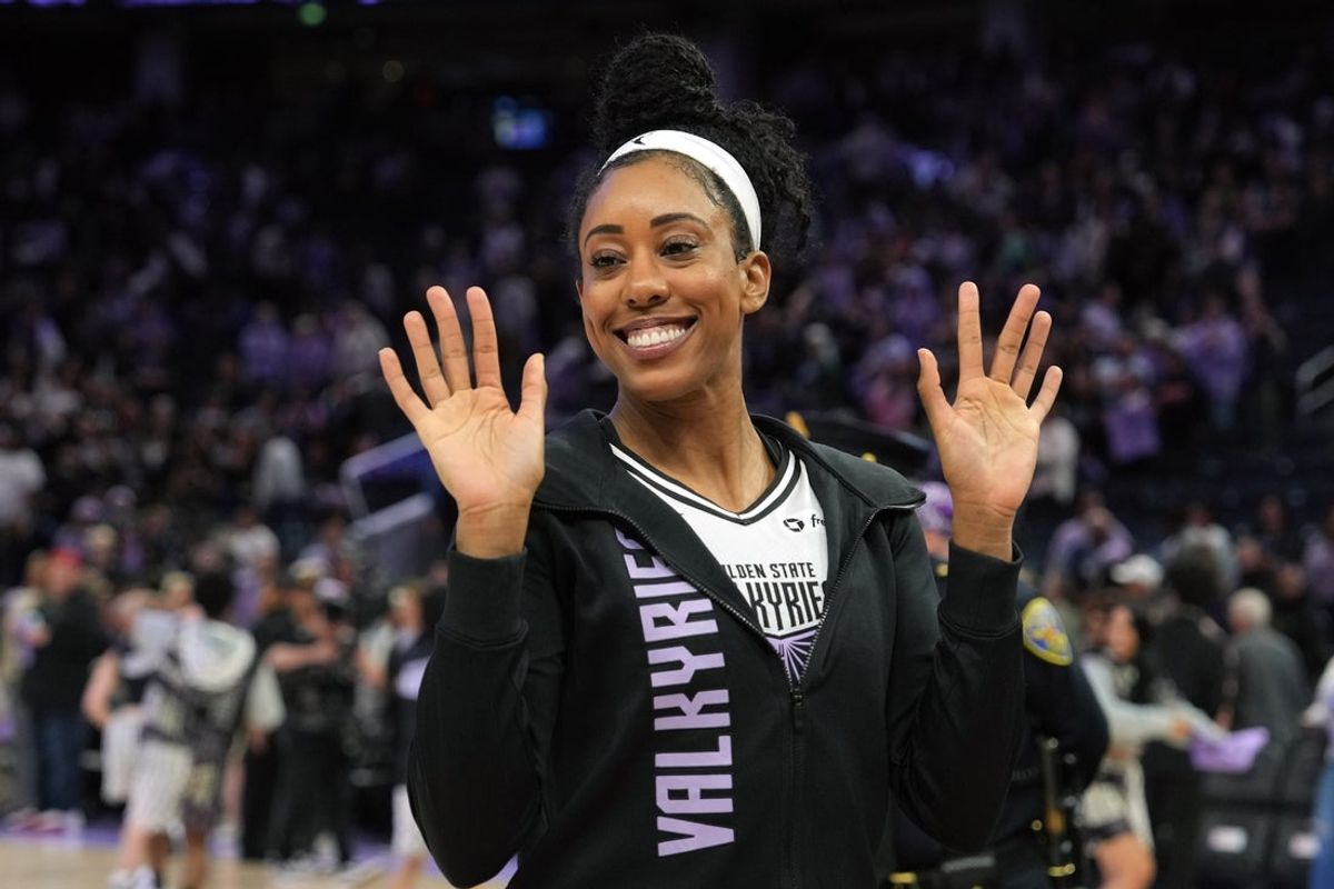 Jun 22, 2025; San Francisco, California, USA; Golden State Valkyries forward Monique Billings (25) waves after defeating the Connecticut Sun at Chase Center. Mandatory Credit: Darren Yamashita-Imagn Images