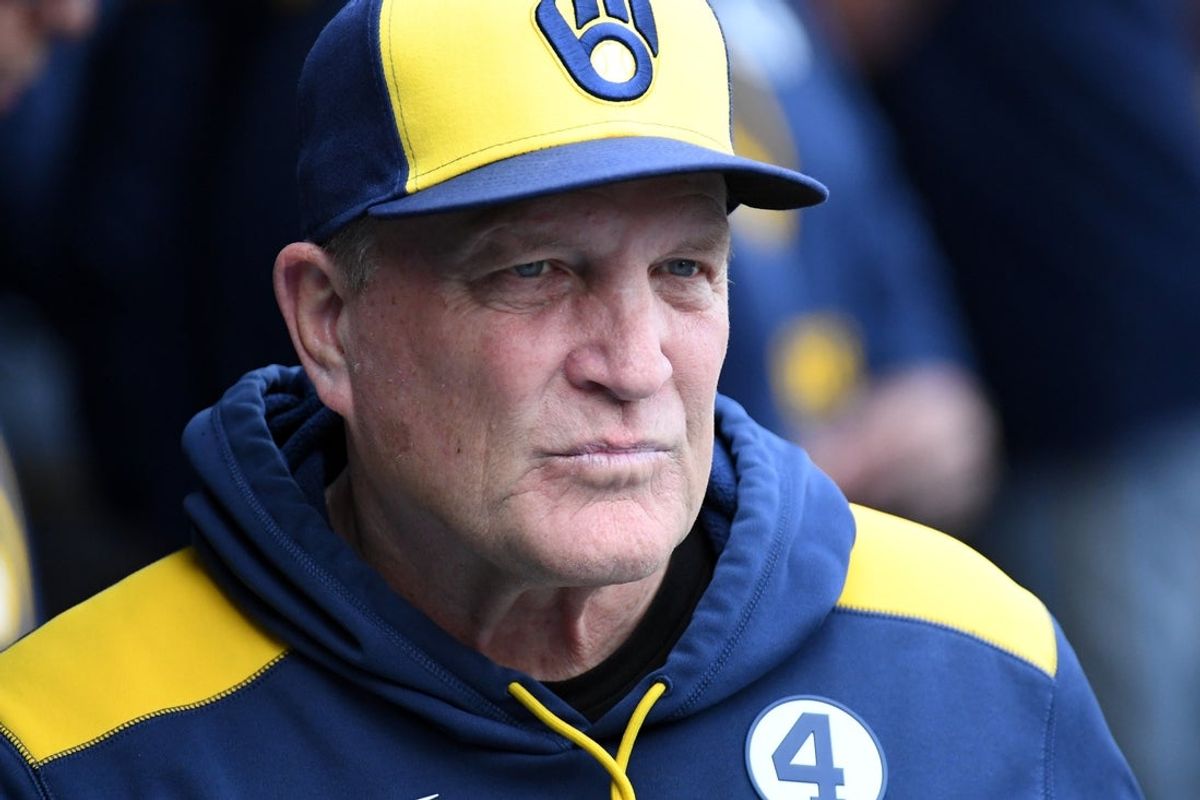 Jun 1, 2025; Philadelphia, Pennsylvania, USA; Milwaukee Brewers manager Pat Murphy (49) in the dugout against the Philadelphia Phillies at Citizens Bank Park. Mandatory Credit: Eric Hartline-Imagn Images