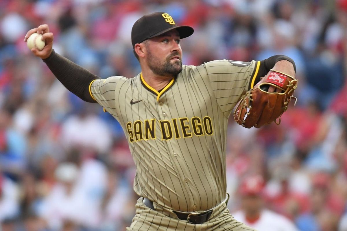 Jun 30, 2025; Philadelphia, Pennsylvania, USA; San Diego Padres pitcher Matt Waldron (61) throws a pitch during the second inning against the Philadelphia Phillies at Citizens Bank Park. Mandatory Credit: Eric Hartline-Imagn Images
