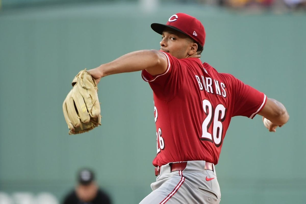 Jun 30, 2025; Boston, Massachusetts, USA;  Cincinnati Reds starting pitcher Chase Burns (26) pitches during the first inning against the Boston Red Sox at Fenway Park. Mandatory Credit: Bob DeChiara-Imagn Images