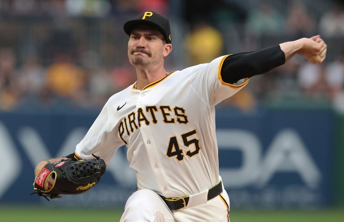 Jun 30, 2025; Pittsburgh, Pennsylvania, USA;  Pittsburgh Pirates starting pitcher Andrew Heaney (45) delivers a pitch against the St. Louis Cardinals during the first inning at PNC Park. Mandatory Credit: Charles LeClaire-Imagn Images