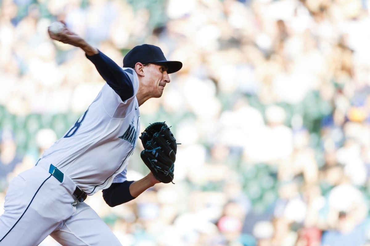 Jun 30, 2025; Seattle, Washington, USA; Seattle Mariners starting pitcher George Kirby (68) throws against the Kansas City Royals during the first inning at T-Mobile Park. Mandatory Credit: Joe Nicholson-Imagn Images