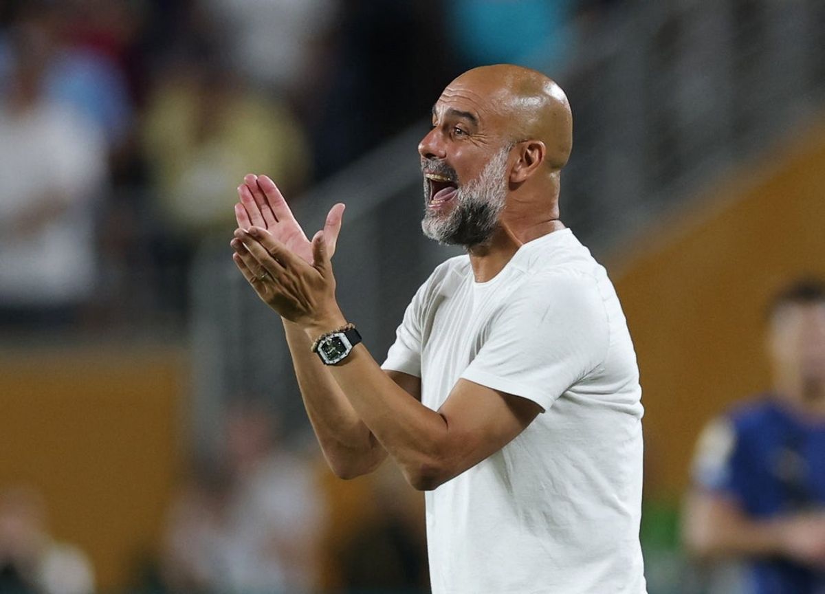 [Subscription Customers Only] Jun 30, 2025; Orlando, Florida, USA; Manchester City manager Pep Guardiola reacts during a round of 16 match of the 2025 FIFA Club World Cup at Camping World Stadium. Mandatory Credit: Lee Smith-Reuters via Imagn Images