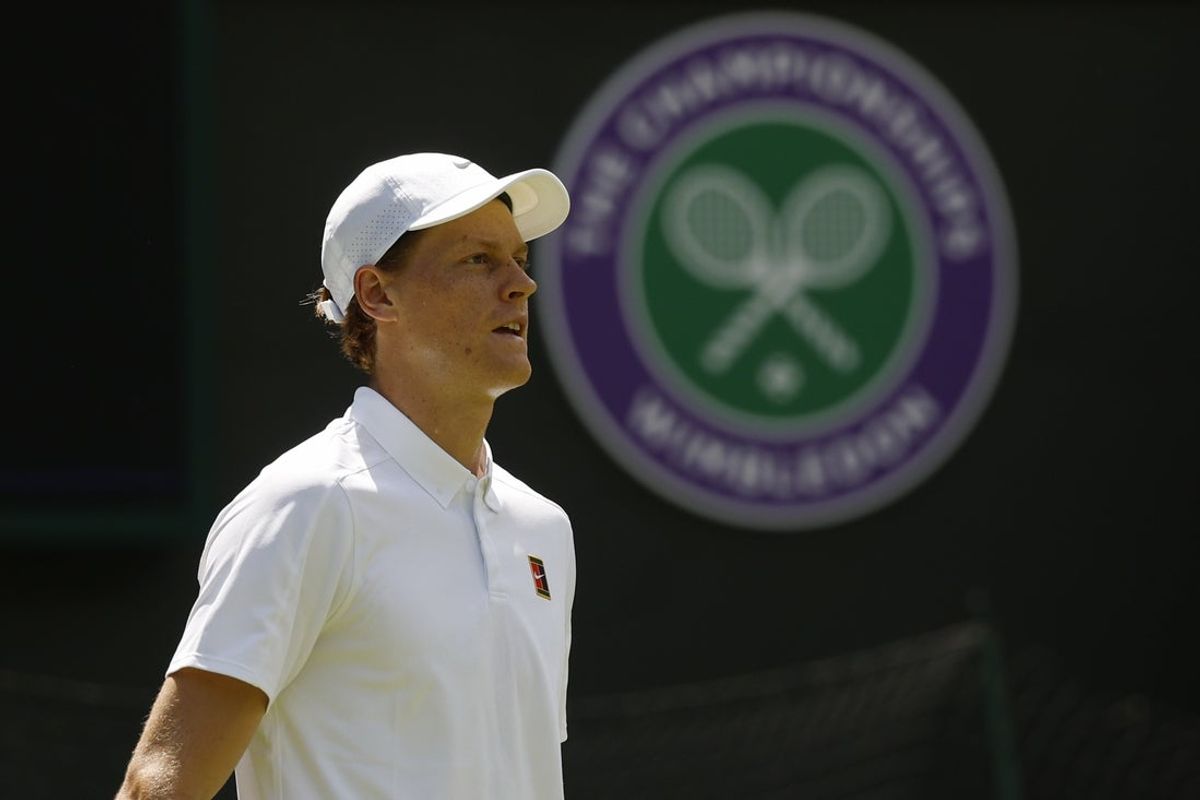 Jul 1, 2025; Wimbledon United Kingdom; Jannik Sinner (ITA) stands on the court between points against Luca Nardi (ITA)(not pictured) on day 2 of The Championships, Wimbledon 2025 at All England Lawn Tennis and Croquet Club. Mandatory Credit: Geoff Burke-Imagn Images