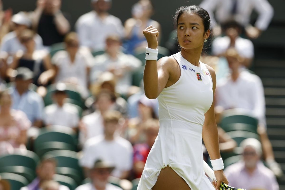 Jul 1, 2025; Wimbledon United Kingdom; Alexandra Eala (PHI) reacts after winning a point against Barbora Krejcikova (CZE)(not pictured) on day 2 of The Championships, Wimbledon 2025 at All England Lawn Tennis and Croquet Club. Mandatory Credit: Geoff Burke-Imagn Images