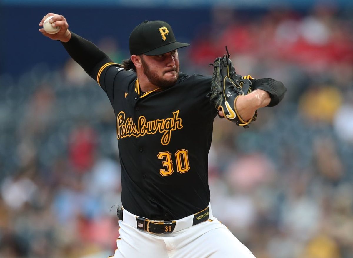 Jul 1, 2025; Pittsburgh, Pennsylvania, USA;  Pittsburgh Pirates starting pitcher Paul Skenes (30) pitches against the St. Louis Cardinals during the third inning at PNC Park. Mandatory Credit: Charles LeClaire-Imagn Images
