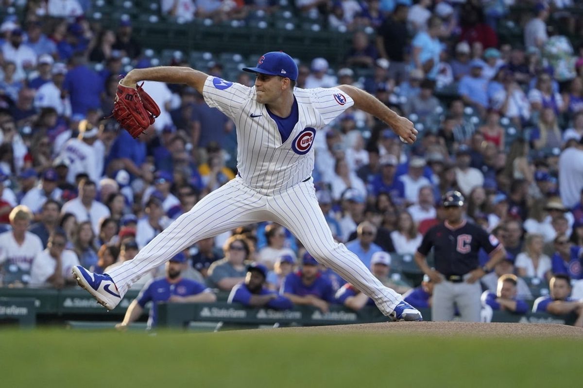 Jul 1, 2025; Chicago, Illinois, USA; Chicago Cubs pitcher Matthew Boyd (16) throws the ball against the Cleveland Guardians during the first inning at Wrigley Field. Mandatory Credit: David Banks-Imagn Images
