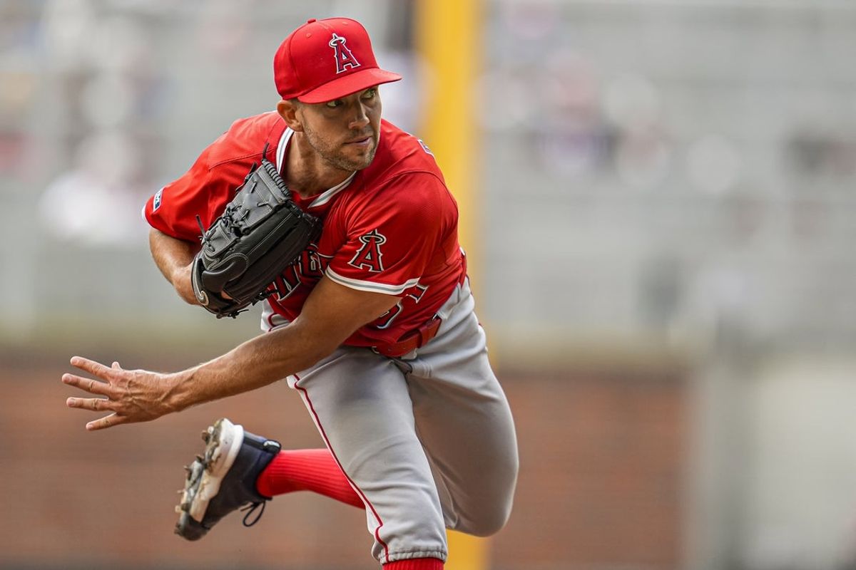 Jul 1, 2025; Cumberland, Georgia, USA; Los Angeles Angels starting pitcher Tyler Anderson (31) pitches against the Atlanta Braves during the first inning at Truist Park. Mandatory Credit: Dale Zanine-Imagn Images