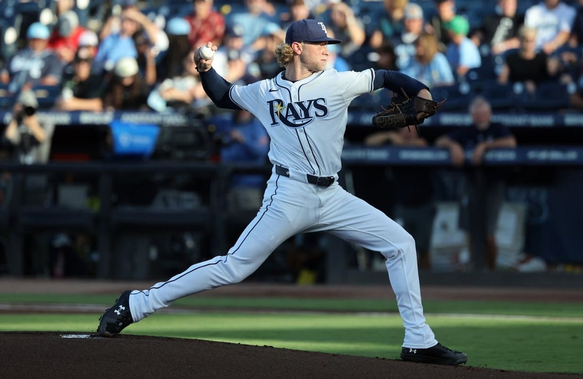 Jul 1, 2025; St. Petersburg, Florida, USA; Tampa Bay Rays starting pitcher Shane Baz (11) throws a pitch against the Athletics during the first inning at George M. Steinbrenner Field. Mandatory Credit: Kim Klement Neitzel-Imagn Images