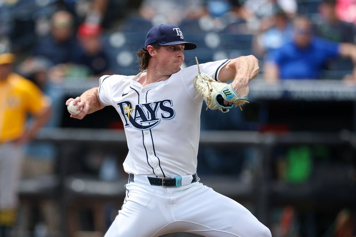 Jul 2, 2025; Tampa, Florida, USA; Tampa Bay Rays starting pitcher Ryan Pepiot (44) throws a pitch against the Oakland Athletics in the first inning at George M. Steinbrenner Field. Mandatory Credit: Nathan Ray Seebeck-Imagn Images