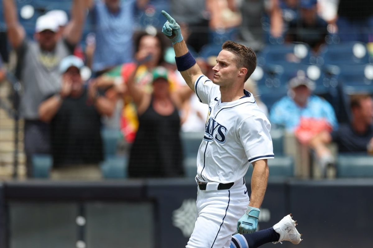Jul 2, 2025; Tampa, Florida, USA; Tampa Bay Rays left fielder Jake Mangum (28) reacts after hitting an inside the park home run against the Oakland Athletics in the second inning at George M. Steinbrenner Field. Mandatory Credit: Nathan Ray Seebeck-Imagn Images