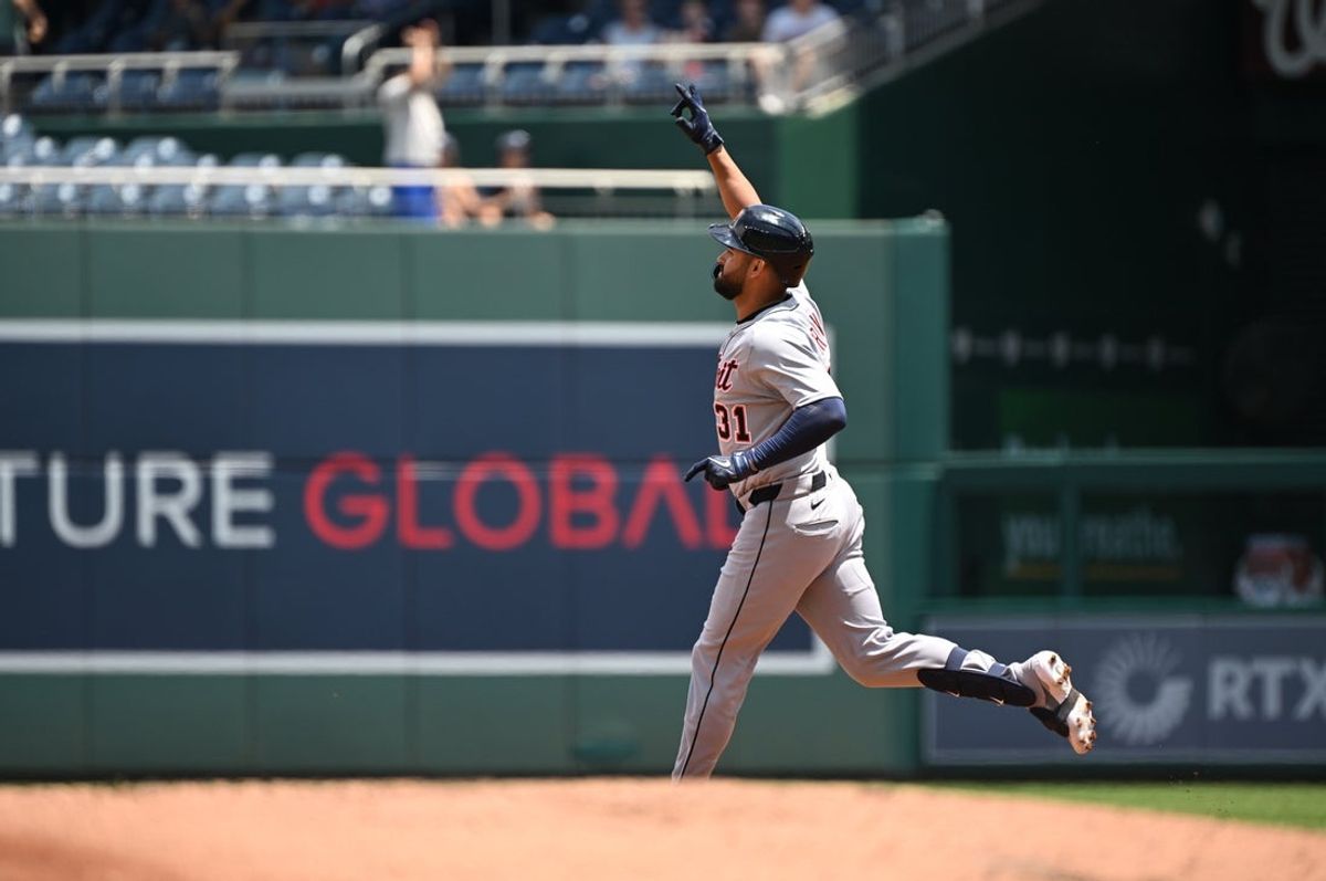 Jul 2, 2025; Washington, District of Columbia, USA; Detroit Tigers left fielder Riley Greene (31) celebrates after hitting a three run home run against the Washington Nationals during the first inning at Nationals Park. Mandatory Credit: Rafael Suanes-Imagn Images