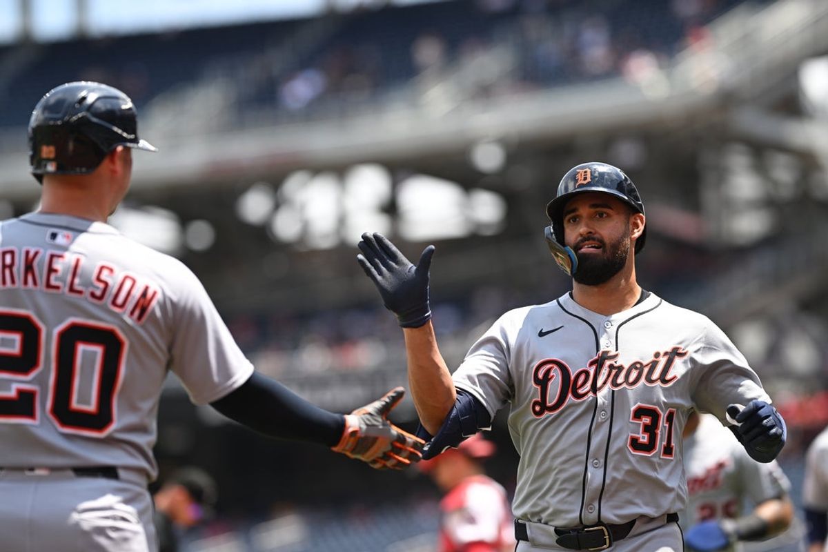 Jul 2, 2025; Washington, District of Columbia, USA; Detroit Tigers left fielder Riley Greene (31) celebrates with first baseman Spencer Torkelson (20) after hitting a three run home run against the Washington Nationals during the first inning at Nationals Park. Mandatory Credit: Rafael Suanes-Imagn Images