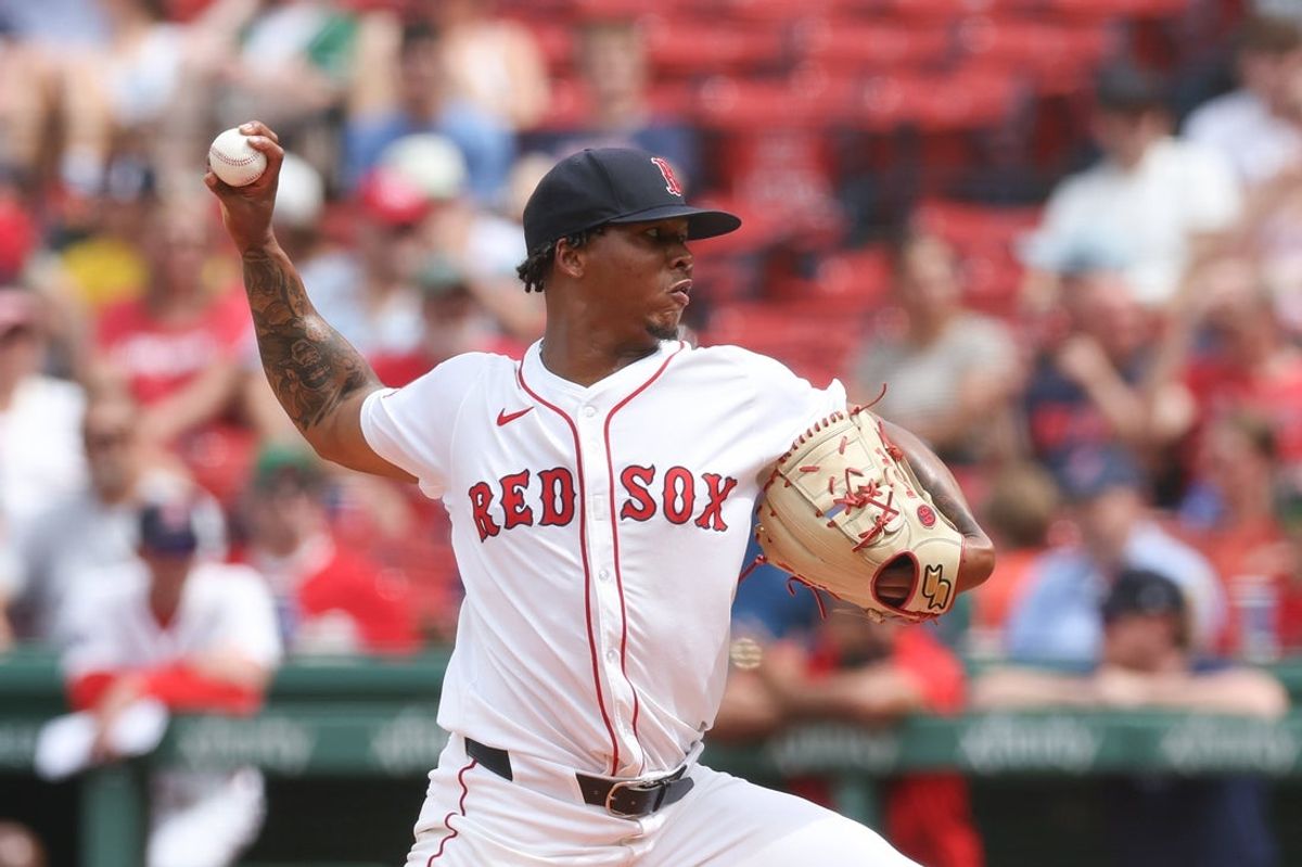 Jul 2, 2025; Boston, MA, USA; Boston Red Sox starting pitcher Brayan Bello (66) delivers a pitch during the fifth inning against the Cincinnati Reds at Fenway Park. Mandatory Credit: Paul Rutherford-Imagn Images