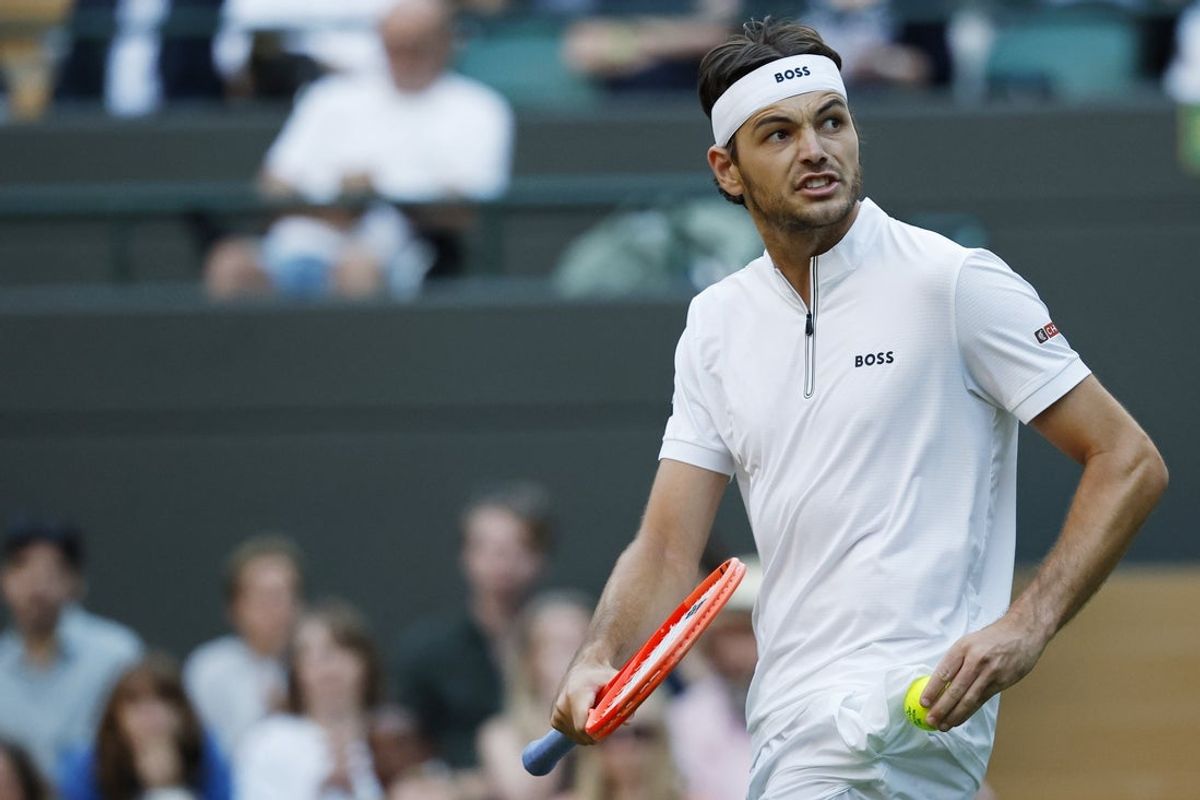 Jul 2, 2025; Wimbledon, United Kingdom; Taylor Fritz (USA) reacts after winning a third set tiebreaker against Gabriel Diallo (CAN)(not pictured) on day three of The Championships Wimbledon 2025 at All England Lawn Tennis and Croquet Club. Mandatory Credit: Geoff Burke-Imagn Images