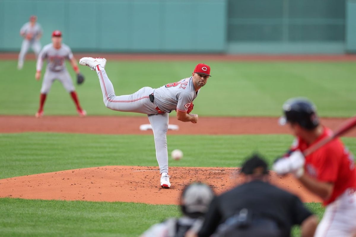 Jul 2, 2025; Boston, Massachusetts, USA; Cincinnati Reds starting pitcher Nick Martinez (28) delivers a pitch during the first inning against the Boston Red Sox at Fenway Park. Mandatory Credit: Paul Rutherford-Imagn Images