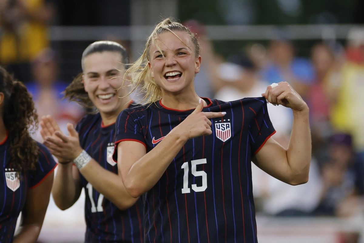 Jul 2, 2025; Washington, District of Columbia, USA; USA midfielder Claire Hutton (15) celebrates after scoring her first international goal against Canada during the first half at Audi Field. Mandatory Credit: Amber Searls-Imagn Images