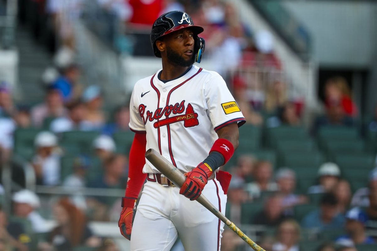 Jul 2, 2025; Atlanta, Georgia, USA; Atlanta Braves left fielder Jurickson Profar (7) reacts after a strikeout against the Los Angeles Angels in the first inning at Truist Park. Mandatory Credit: Brett Davis-Imagn Images